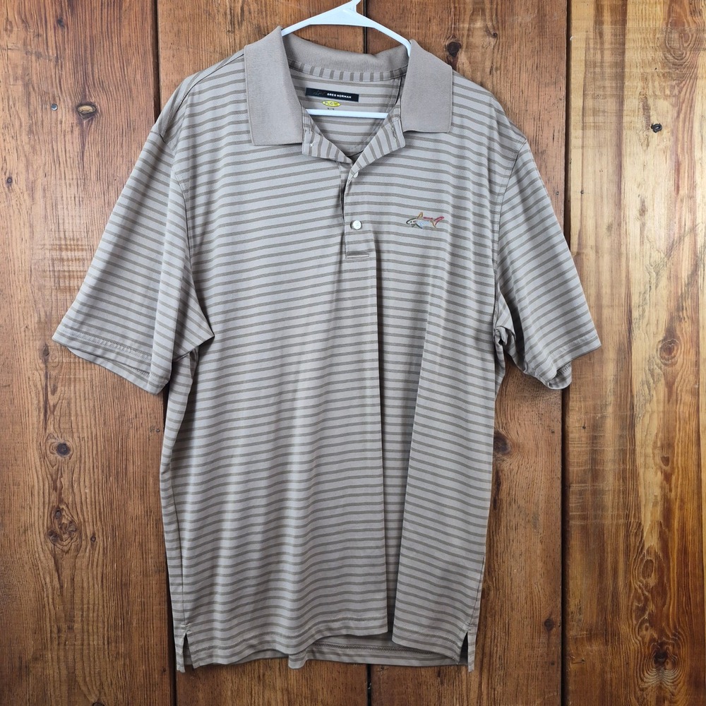 Greg Norman Play Dry Mens XL Tan Striped Short Sleeve Golf Polo Shirt
